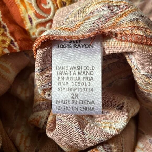 Savannah Jane Floral Embroidered Top 2X Orange Boho Peasant Art To Wear Blouse - Picture 7 of 8